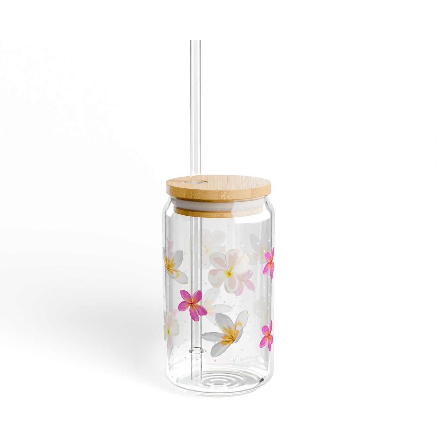 Glass Tumbler with Lid and Straw, 16oz- Plumeria