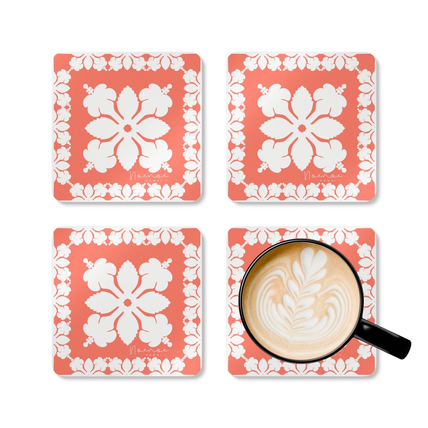 Corkwood Coaster Set, Hawaiian Quilt Hibiscus- Orange