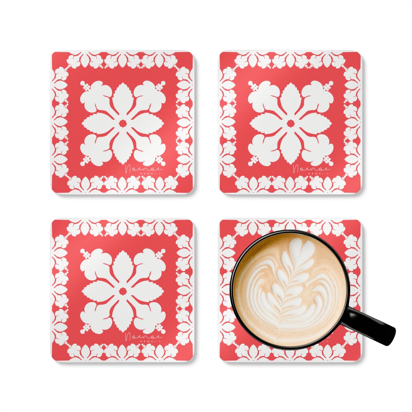Corkwood Coaster Set, Hawaiian Quilt Hibiscus- Magenta