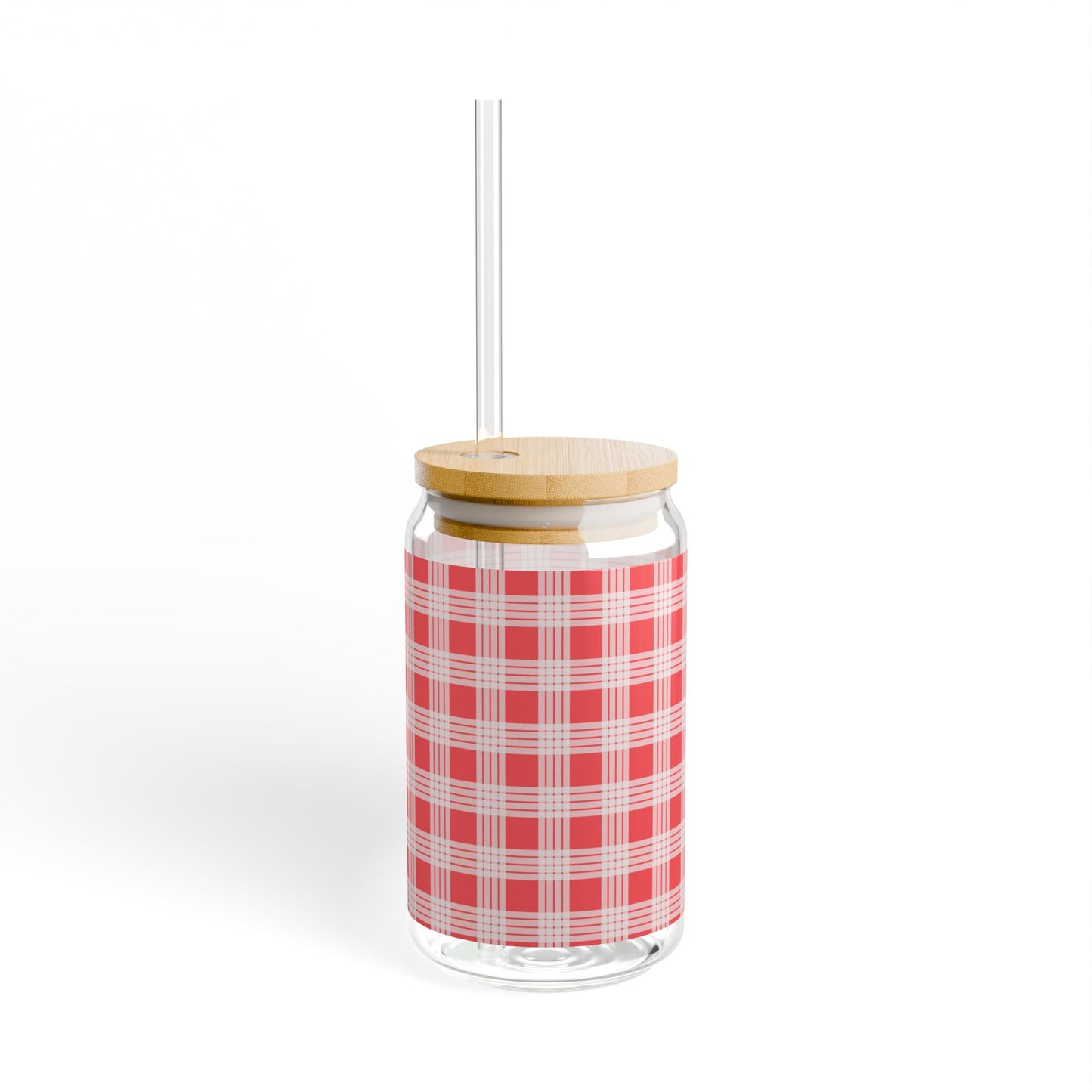 Glass Tumbler with Lid and Straw, 16oz- Red Palaka