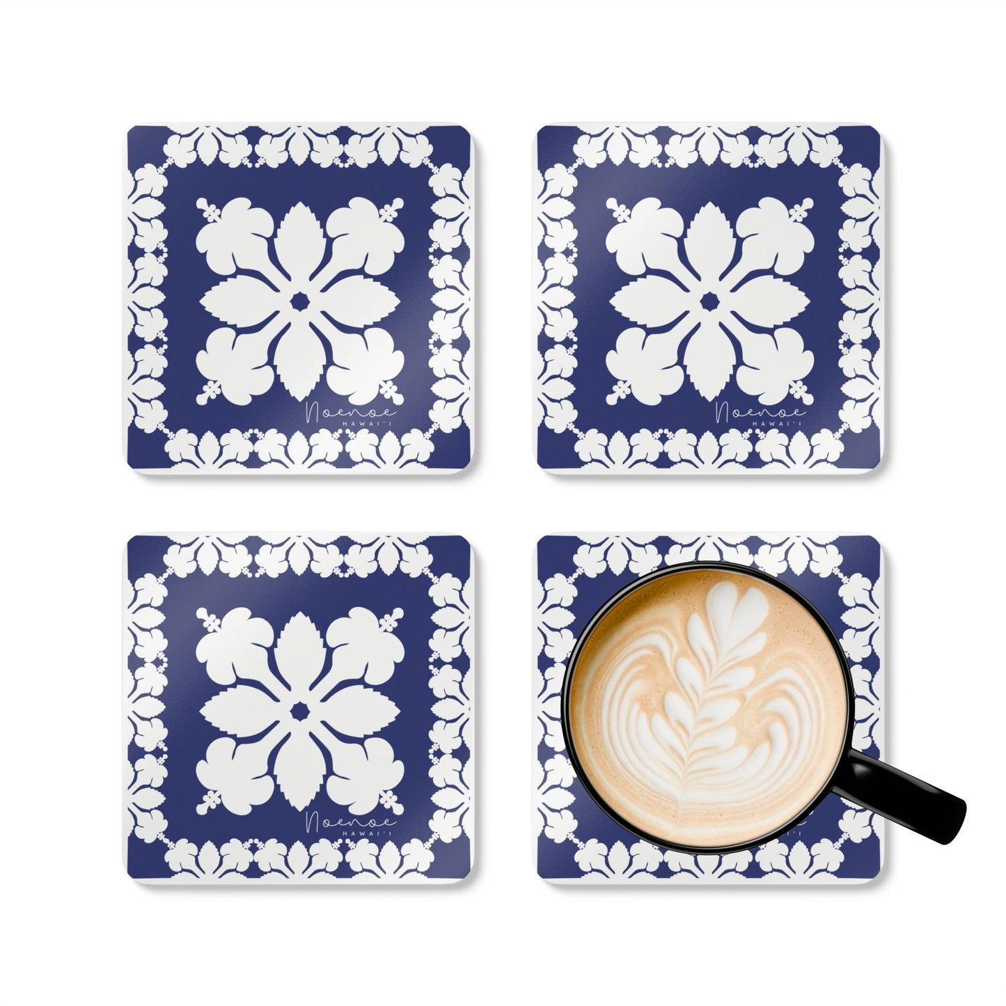 Corkwood Coaster Set, Hawaiian Quilt Hibiscus- Dark Blue