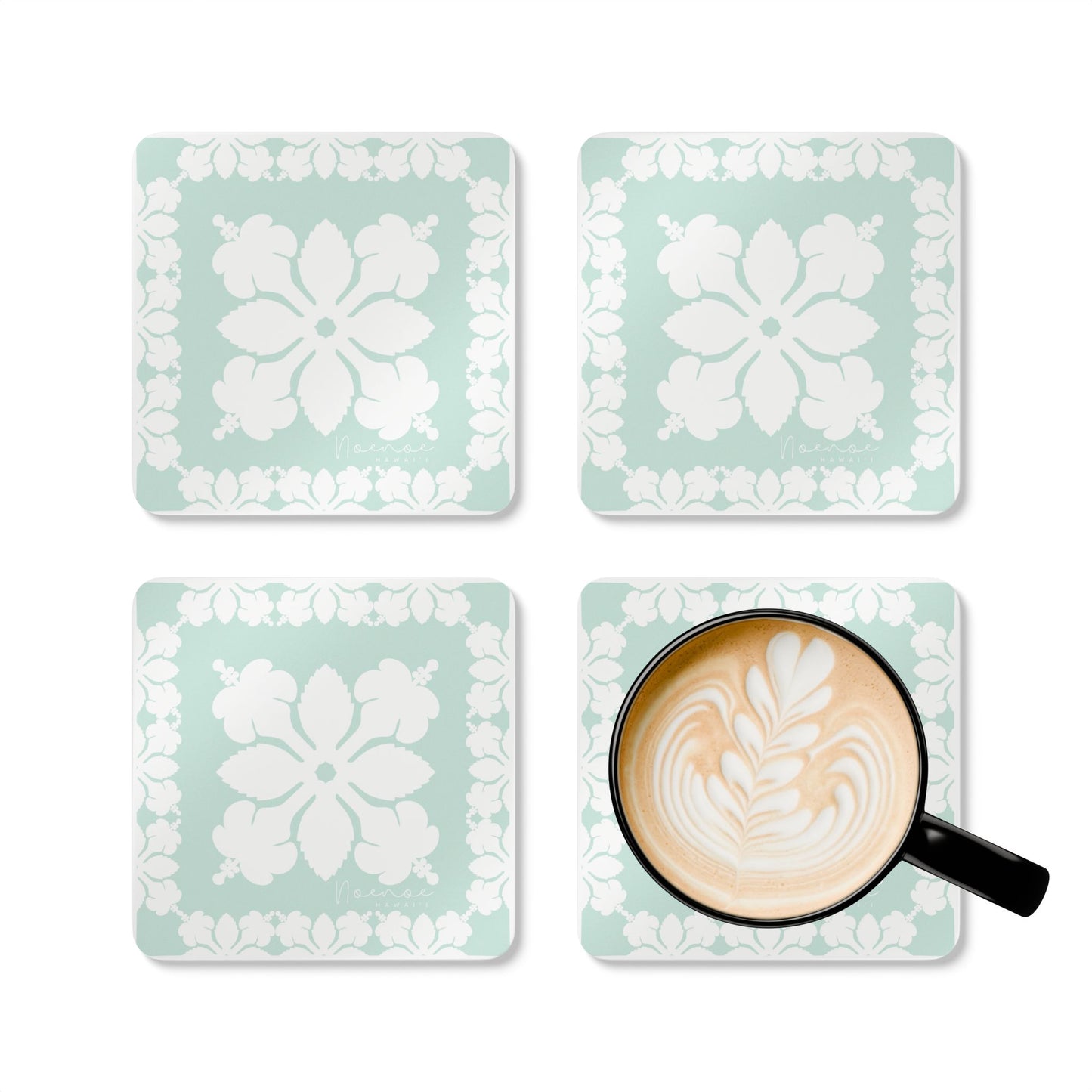Corkwood Coaster Set, Hawaiian Quilt Hibiscus- Mint