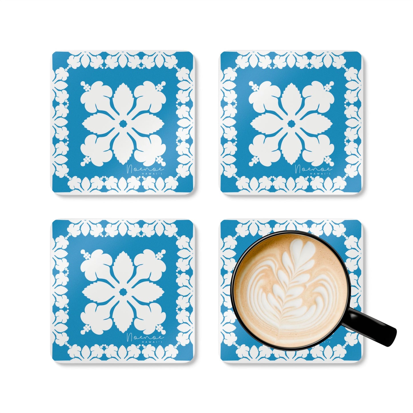 Corkwood Coaster Set, Hawaiian Quilt Hibiscus- Blue