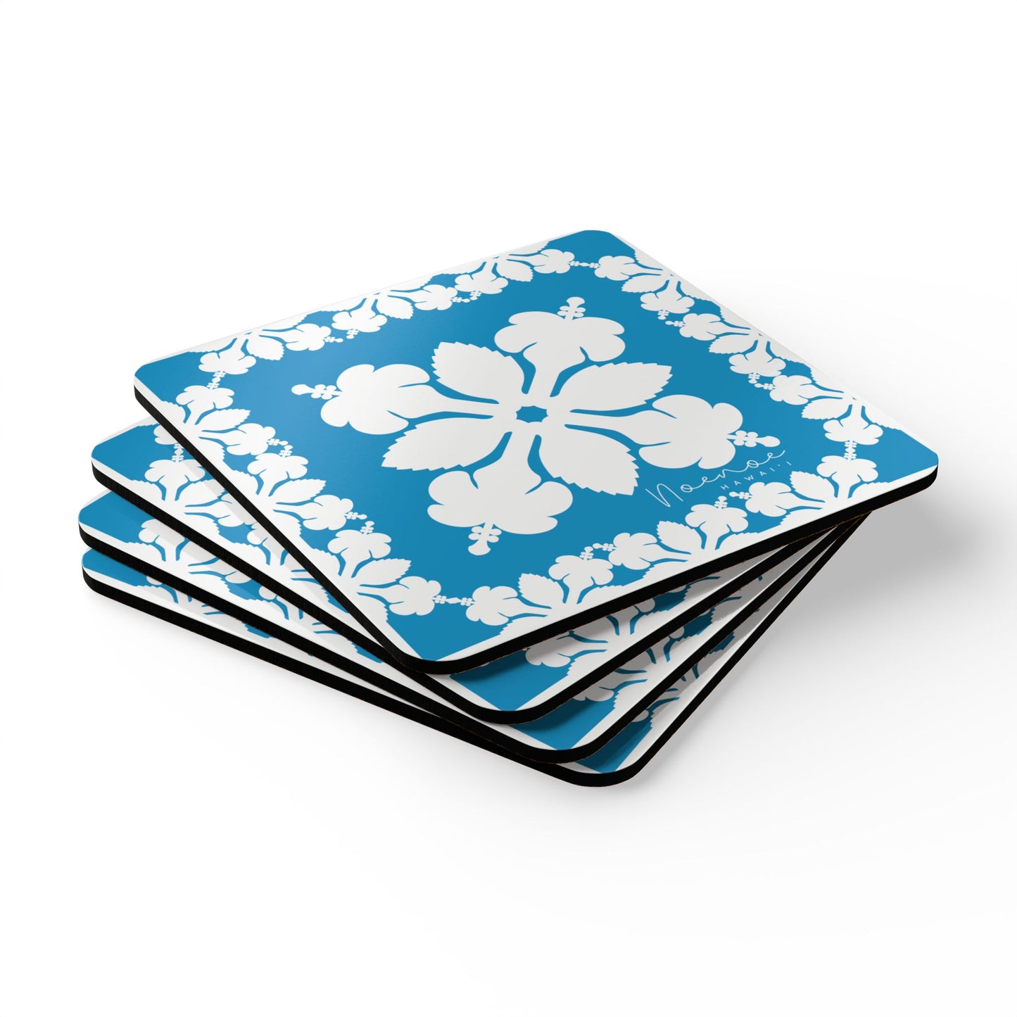 Corkwood Coaster Set, Hawaiian Quilt Hibiscus- Blue