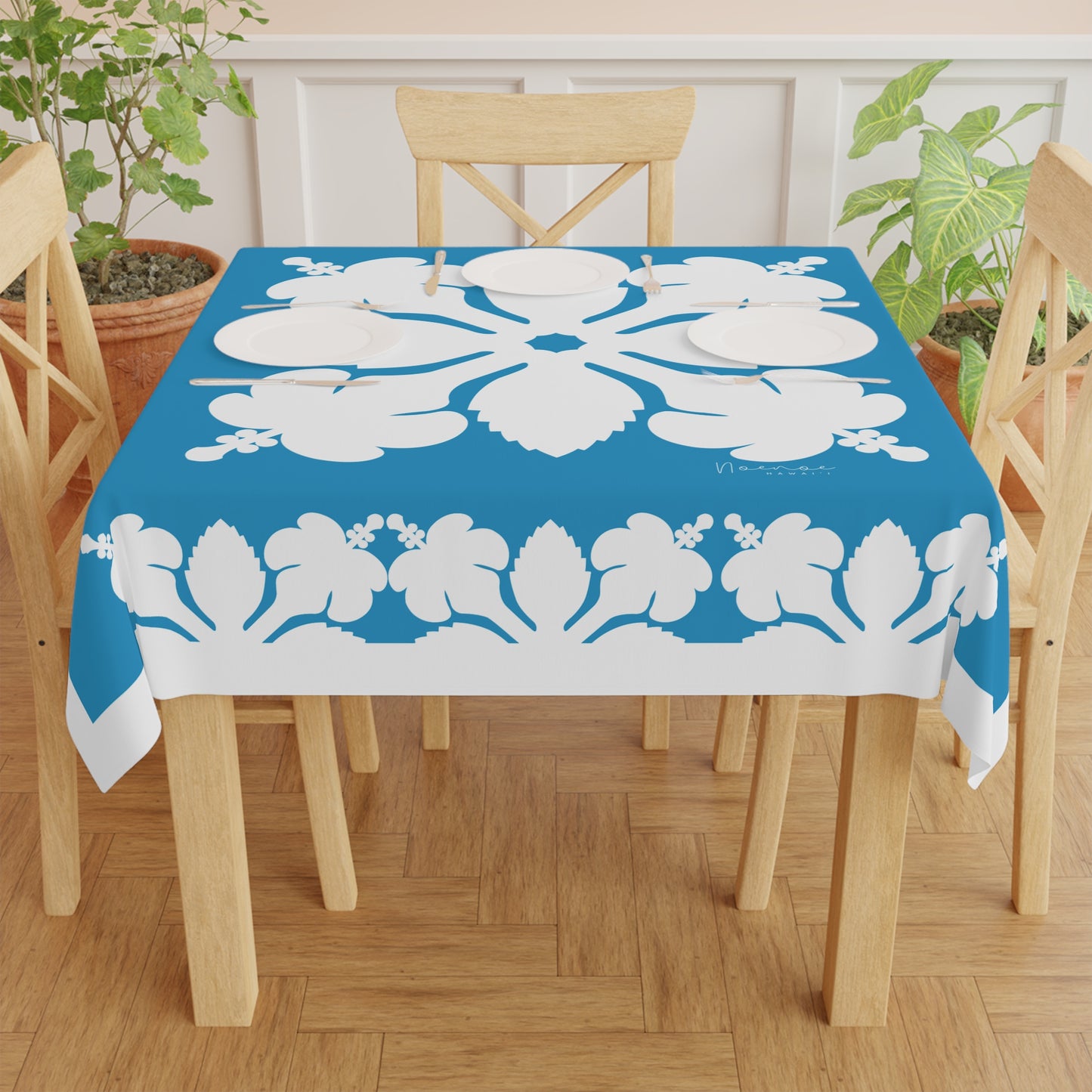 Square Tablecloth- Hawaiian Quilt Hibiscus Blue