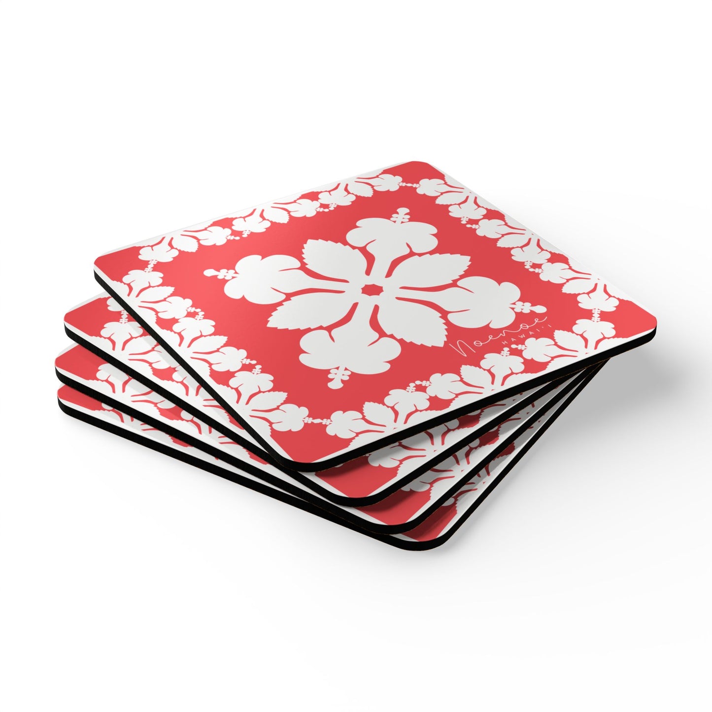 Corkwood Coaster Set, Hawaiian Quilt Hibiscus- Magenta