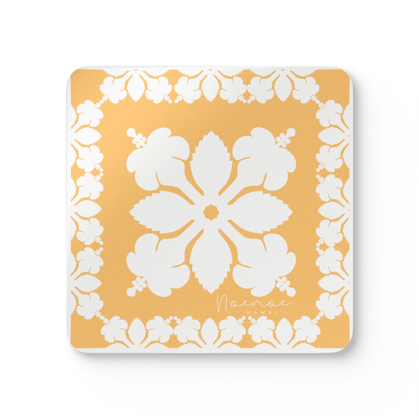 Corkwood Coaster Set, Hawaiian Quilt Hibiscus- Yellow