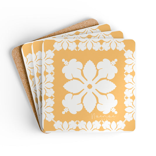 Corkwood Coaster Set, Hawaiian Quilt Hibiscus- Yellow