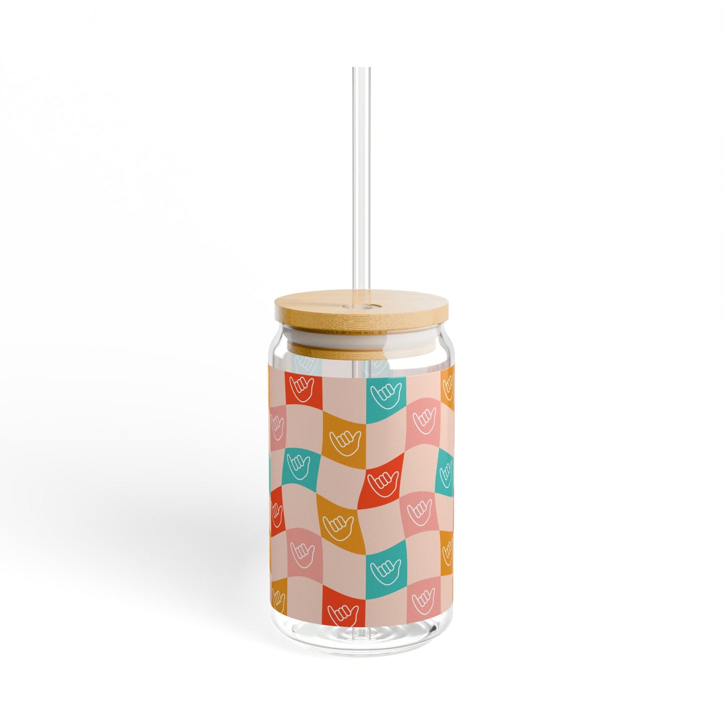 Glass Tumbler with Lid and Straw, 16oz- Checkered Shakas