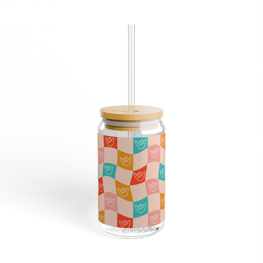 Glass Tumbler with Lid and Straw, 16oz- Checkered Shakas