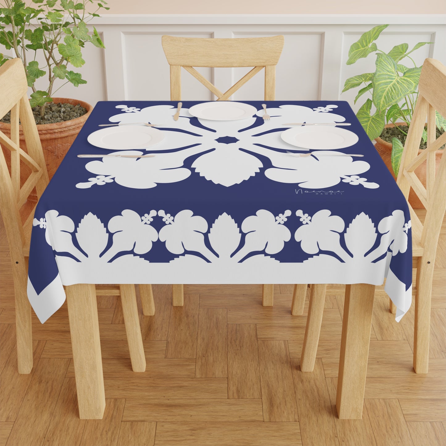 Square Tablecloth- Hawaiian Quilt Hibiscus Dark Blue