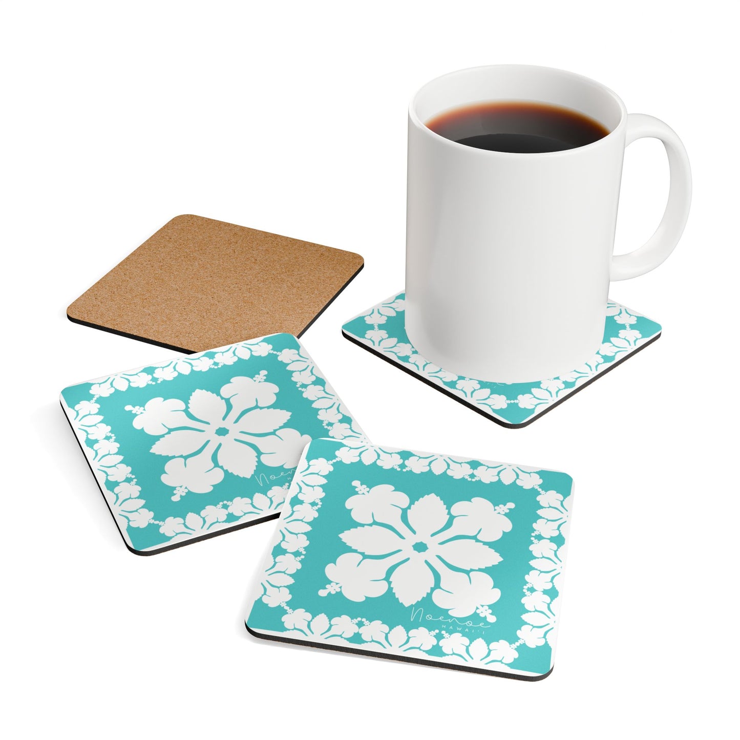 Corkwood Coaster Set, Hawaiian Quilt Hibiscus- Teal