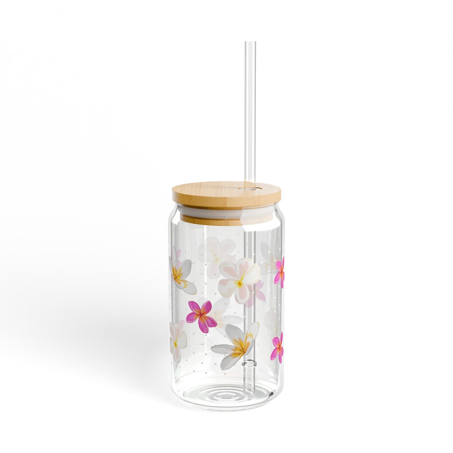 Glass Tumbler with Lid and Straw, 16oz- Plumeria
