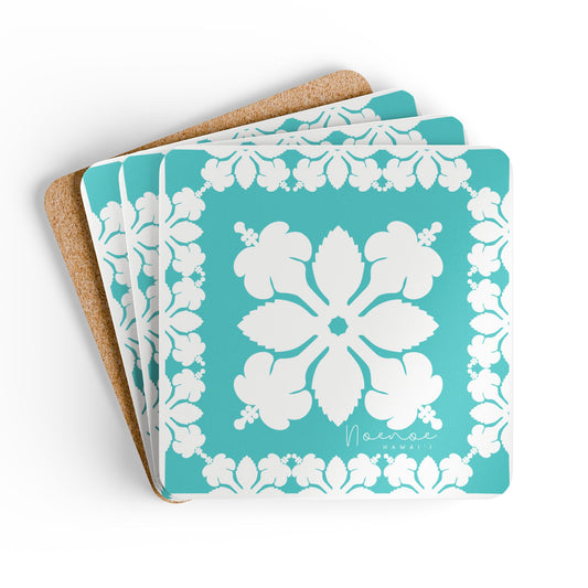 Corkwood Coaster Set, Hawaiian Quilt Hibiscus- Teal