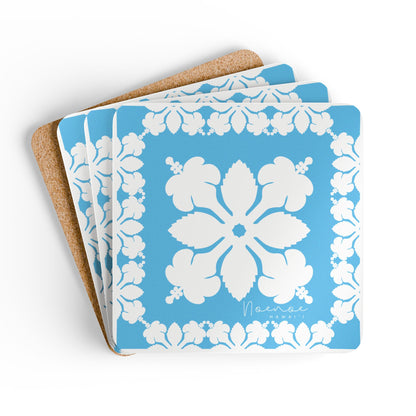 Corkwood Coaster Set, Hawaiian Quilt Hibiscus- Bright Blue