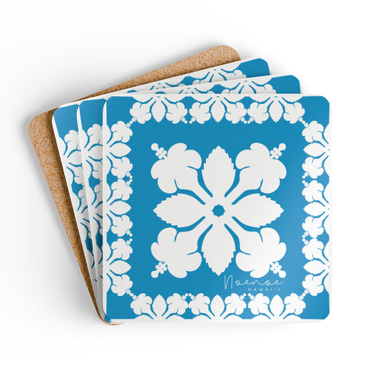 Corkwood Coaster Set, Hawaiian Quilt Hibiscus- Blue