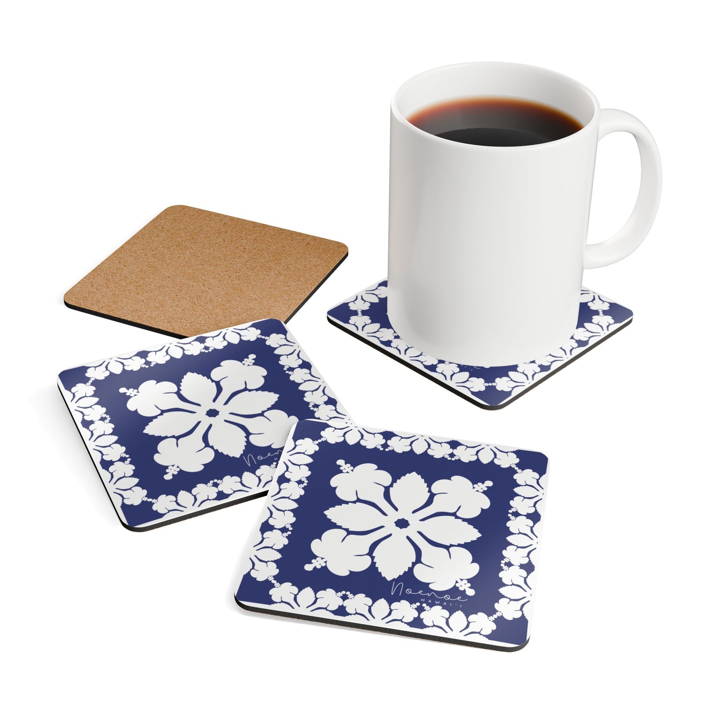 Corkwood Coaster Set, Hawaiian Quilt Hibiscus- Dark Blue