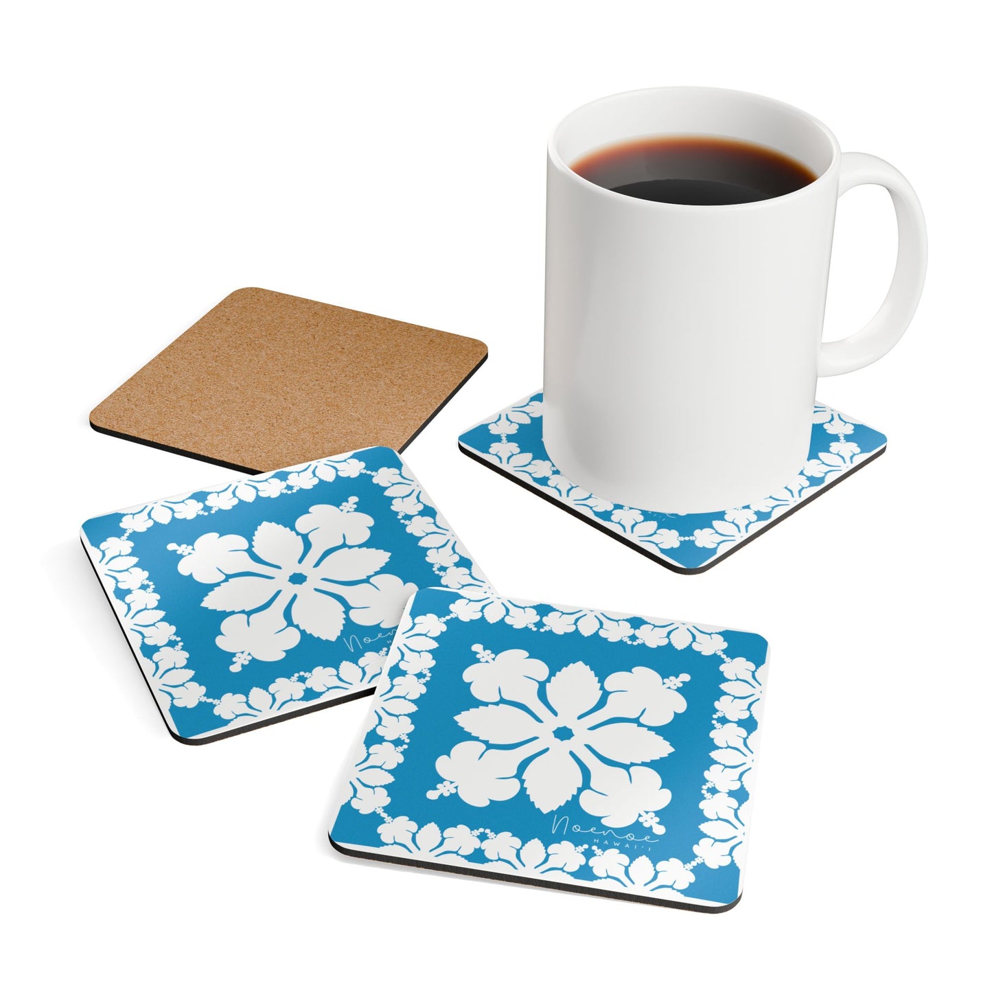 Corkwood Coaster Set, Hawaiian Quilt Hibiscus- Blue