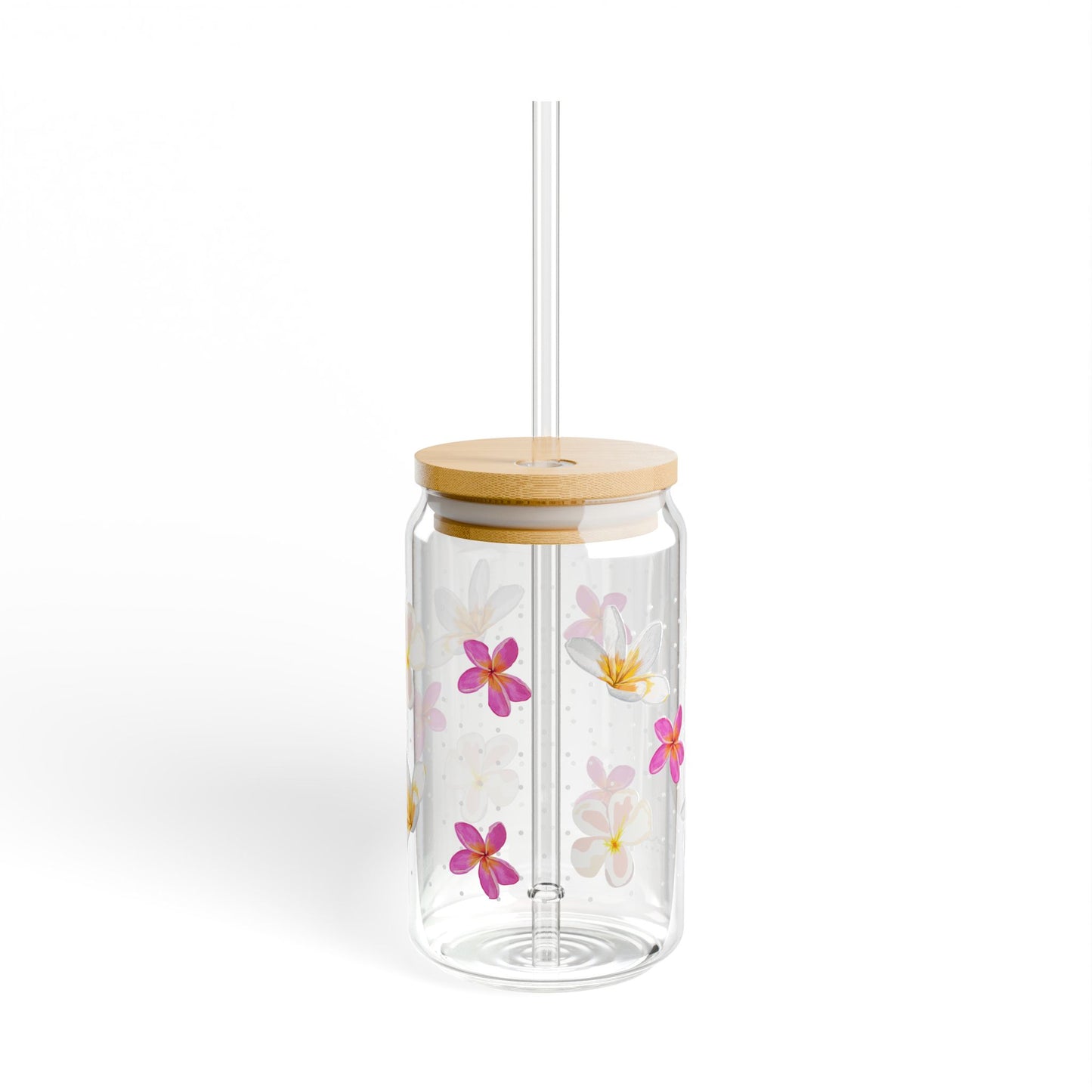 Glass Tumbler with Lid and Straw, 16oz- Plumeria