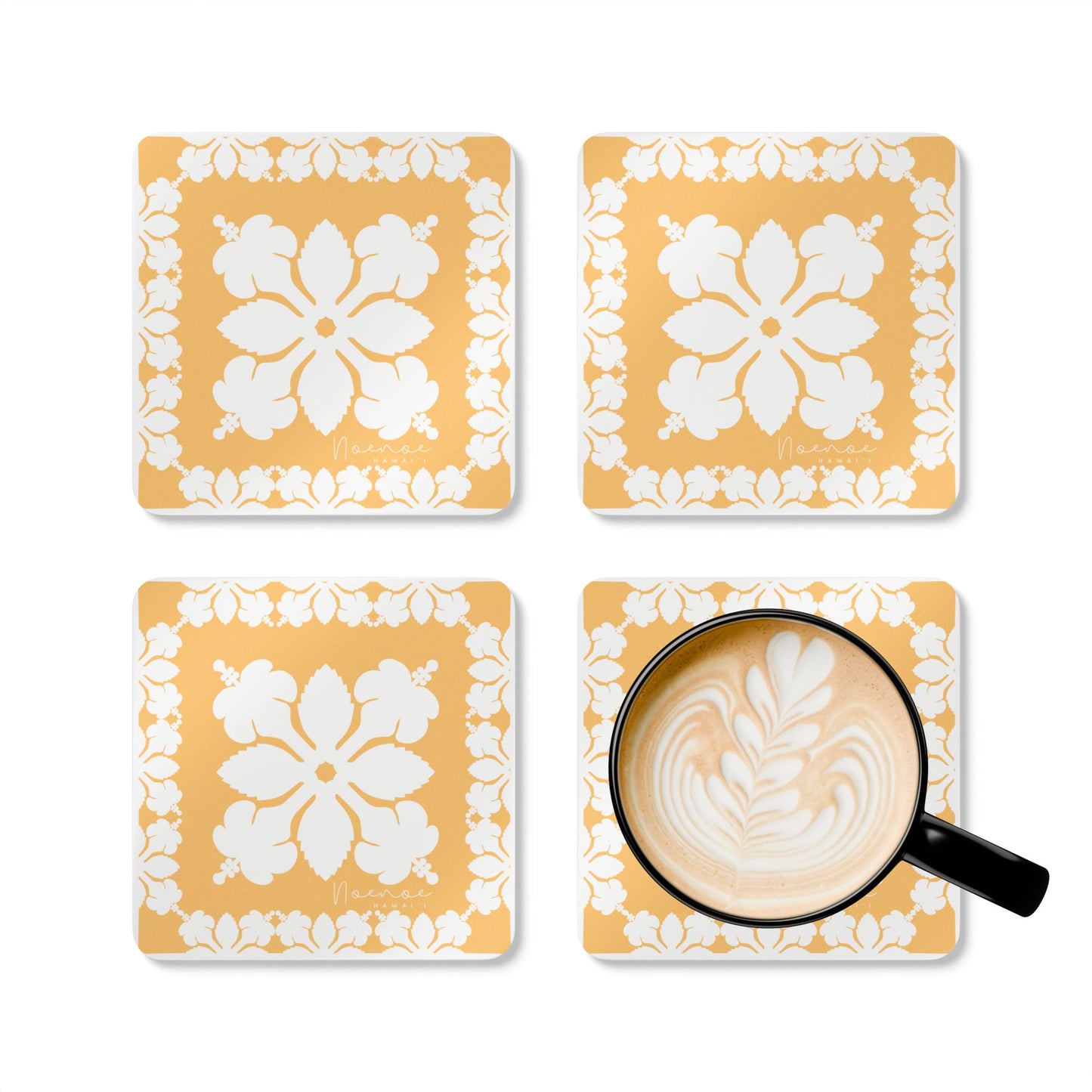 Corkwood Coaster Set, Hawaiian Quilt Hibiscus- Yellow
