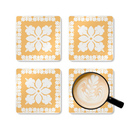 Corkwood Coaster Set, Hawaiian Quilt Hibiscus- Yellow
