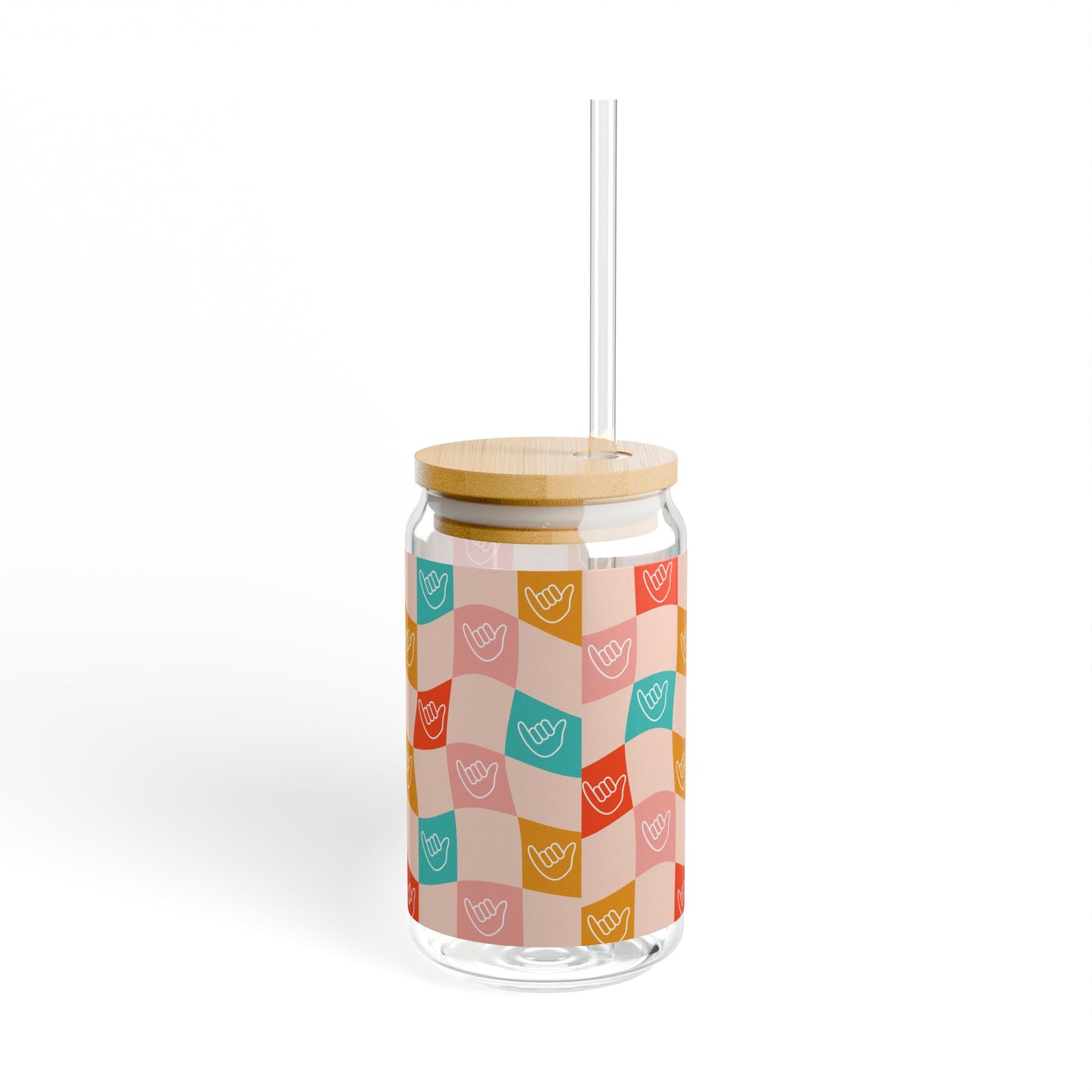 Glass Tumbler with Lid and Straw, 16oz- Checkered Shakas