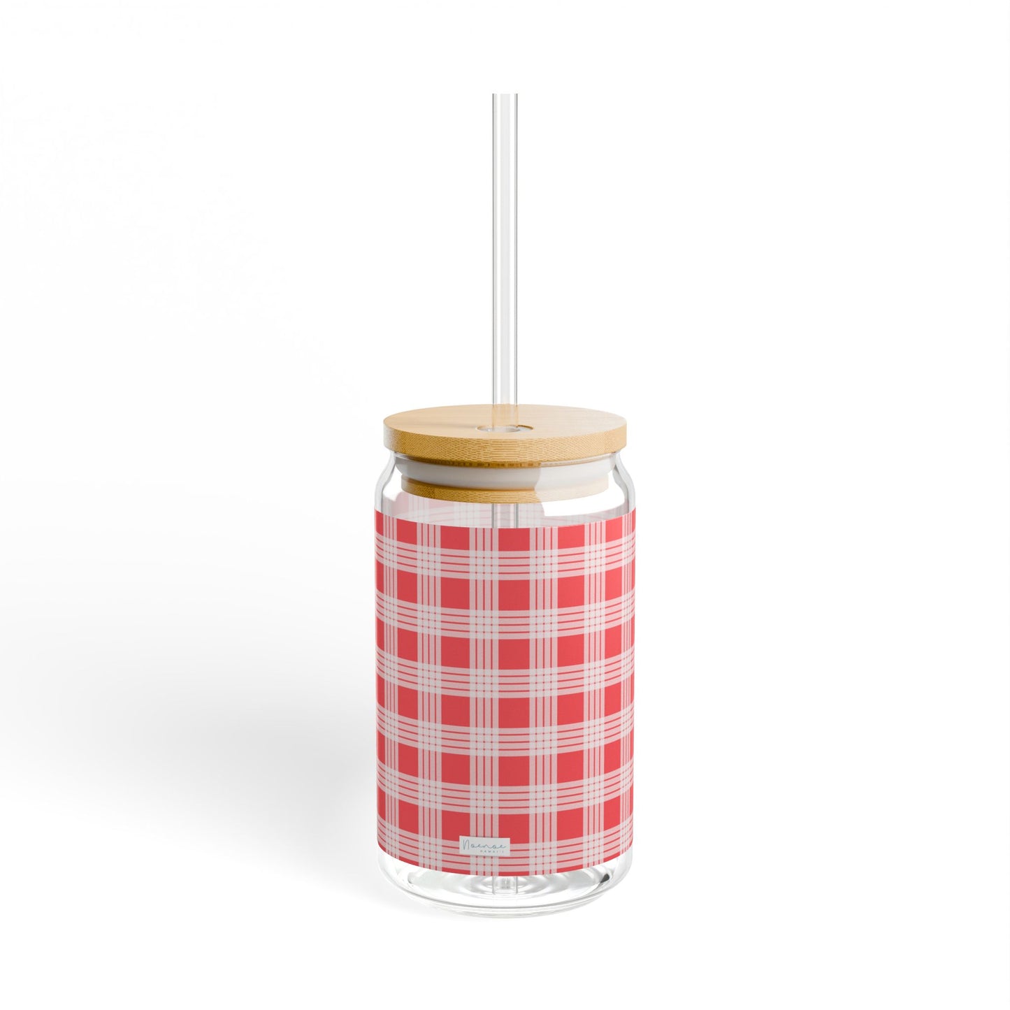 Glass Tumbler with Lid and Straw, 16oz- Red Palaka