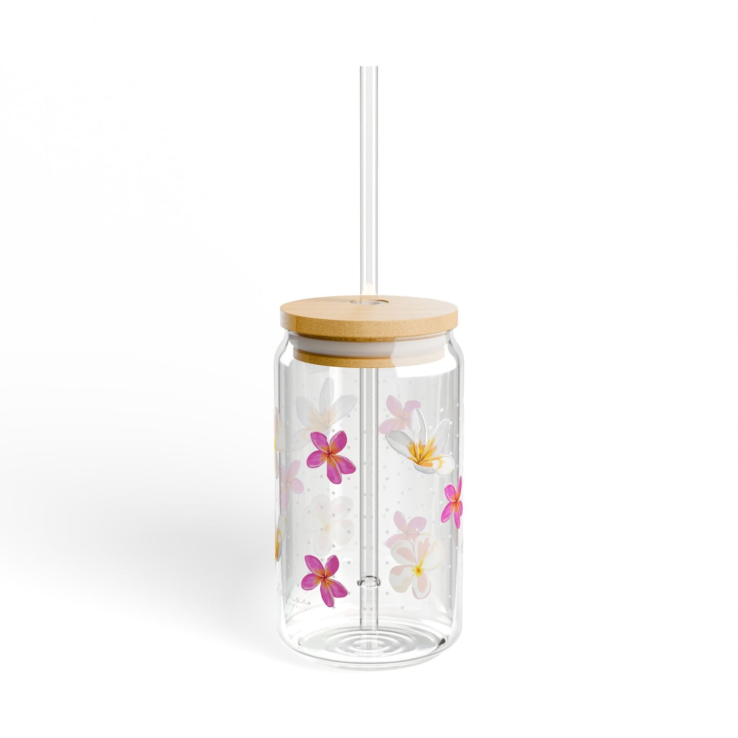 Glass Tumbler with Lid and Straw, 16oz- Plumeria