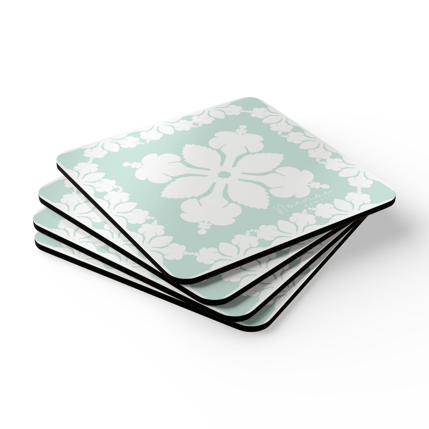 Corkwood Coaster Set, Hawaiian Quilt Hibiscus- Mint