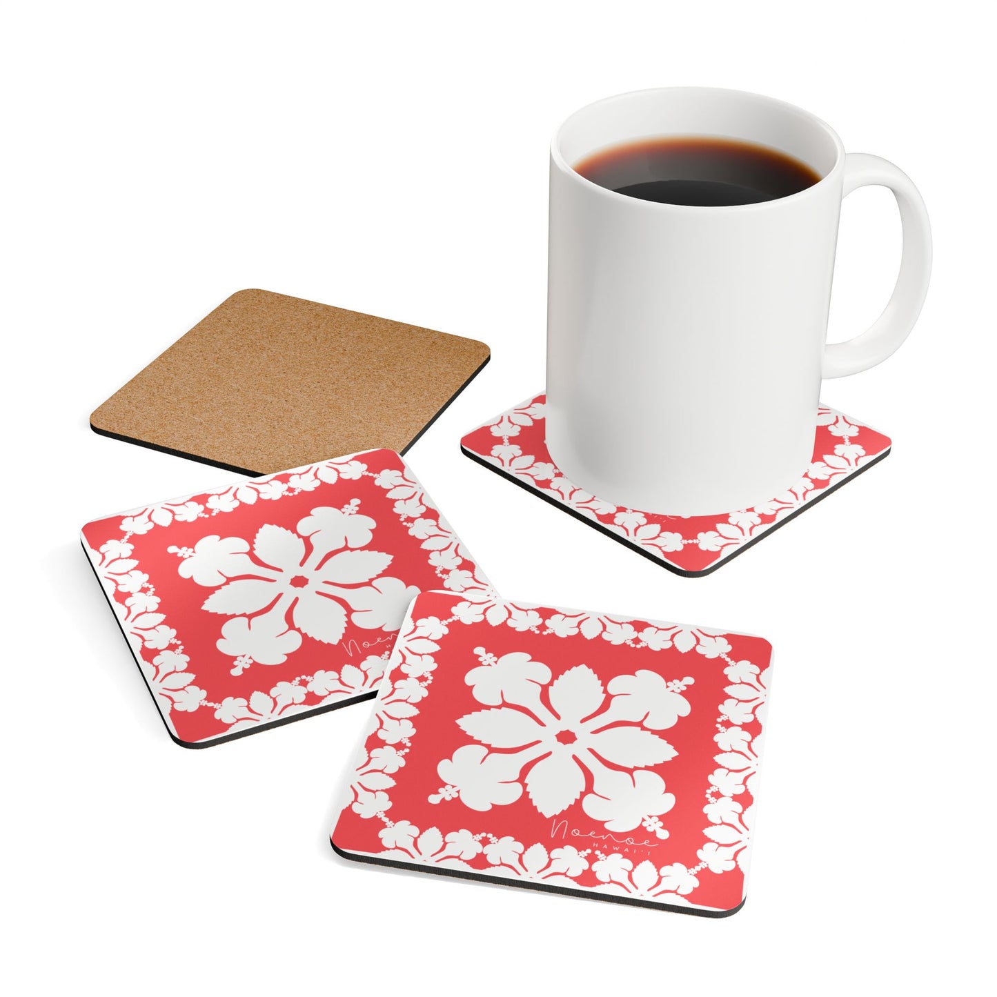 Corkwood Coaster Set, Hawaiian Quilt Hibiscus- Magenta
