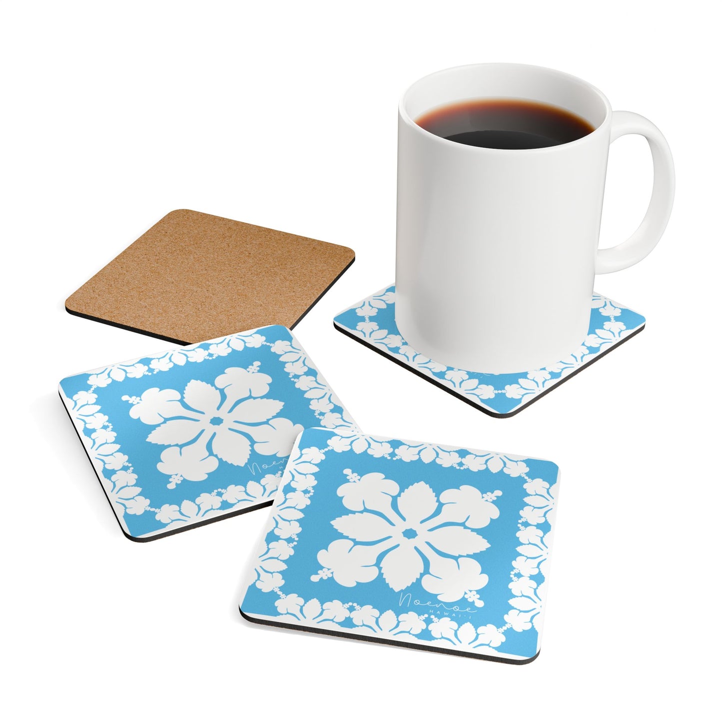 Corkwood Coaster Set, Hawaiian Quilt Hibiscus- Bright Blue