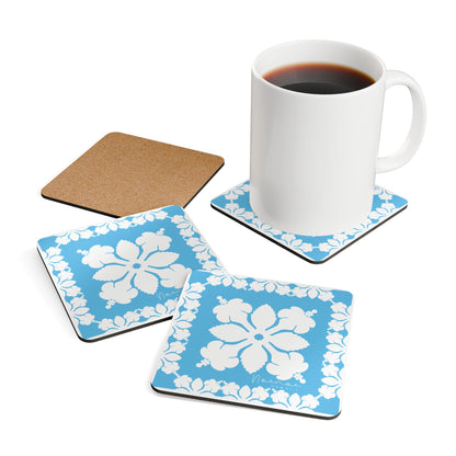 Corkwood Coaster Set, Hawaiian Quilt Hibiscus- Bright Blue