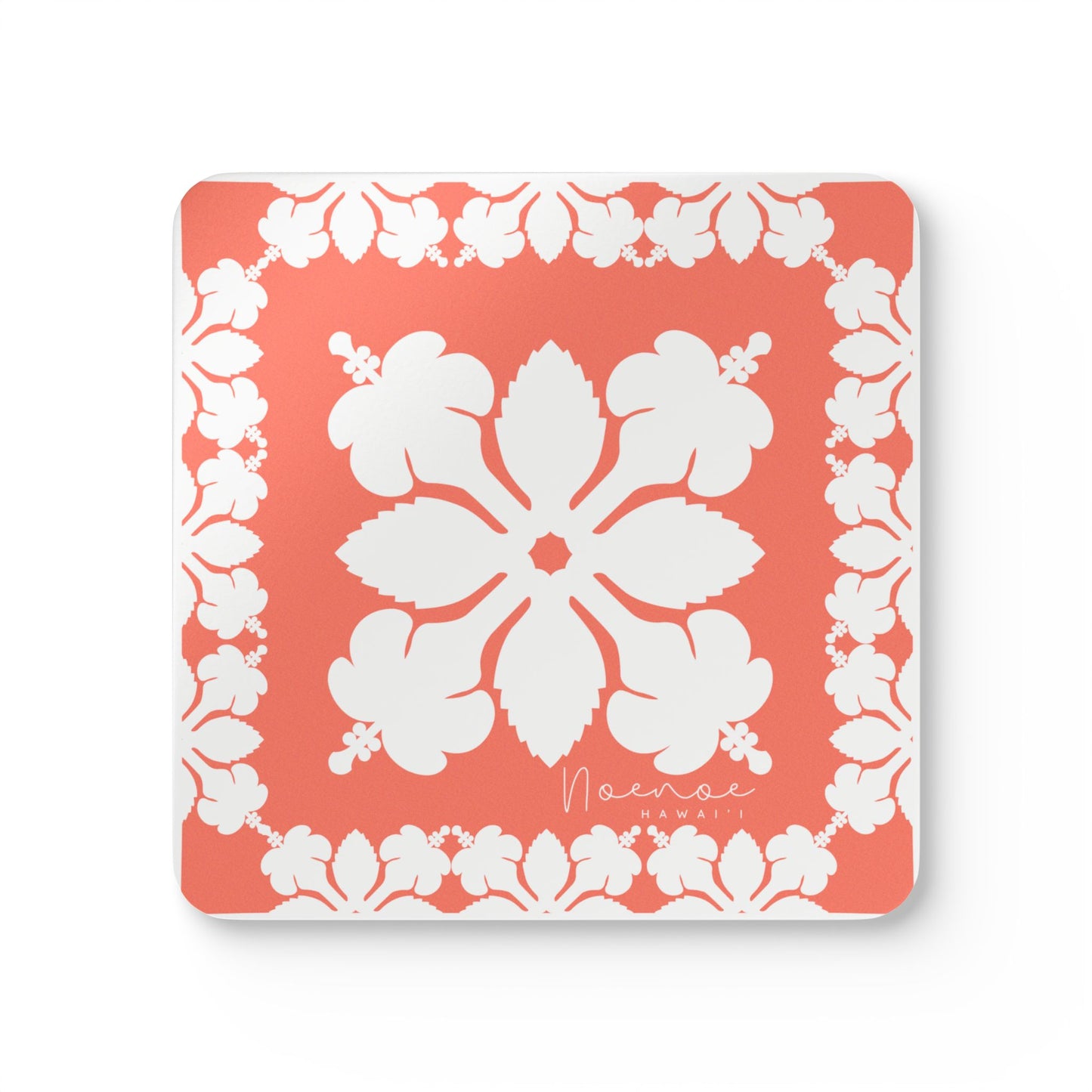 Corkwood Coaster Set, Hawaiian Quilt Hibiscus- Orange