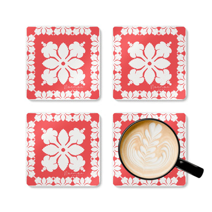 Corkwood Coaster Set, Hawaiian Quilt Hibiscus- Magenta