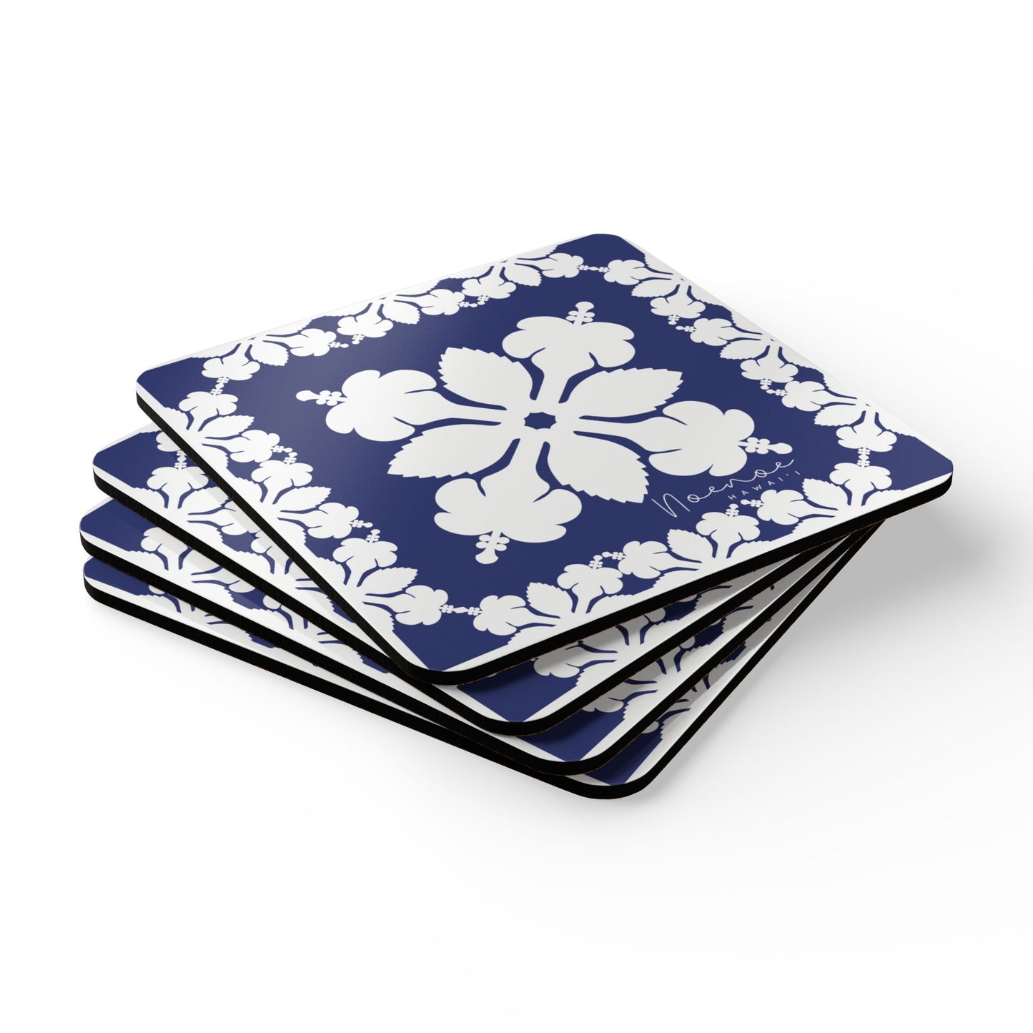 Corkwood Coaster Set, Hawaiian Quilt Hibiscus- Dark Blue