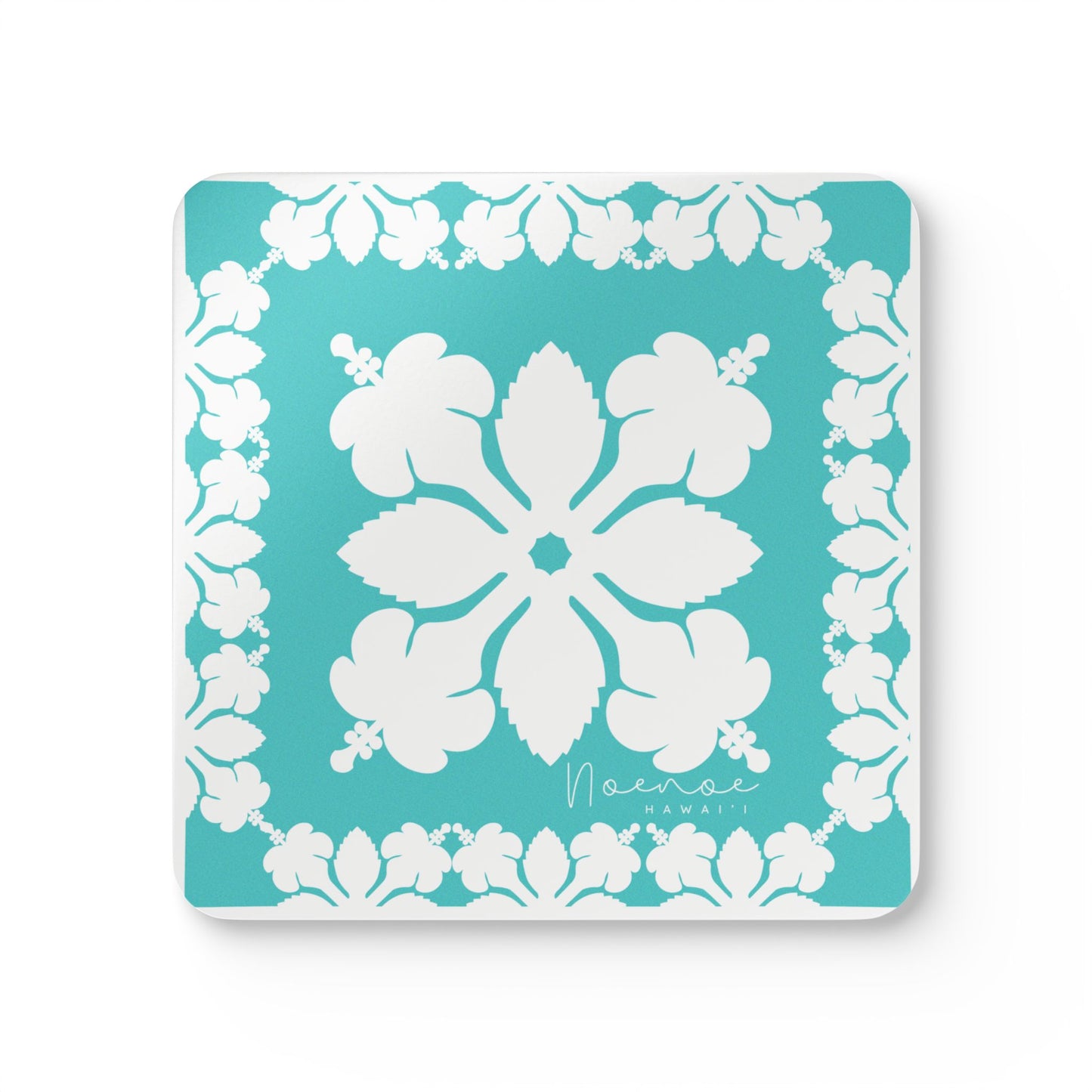 Corkwood Coaster Set, Hawaiian Quilt Hibiscus- Teal