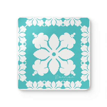 Corkwood Coaster Set, Hawaiian Quilt Hibiscus- Teal