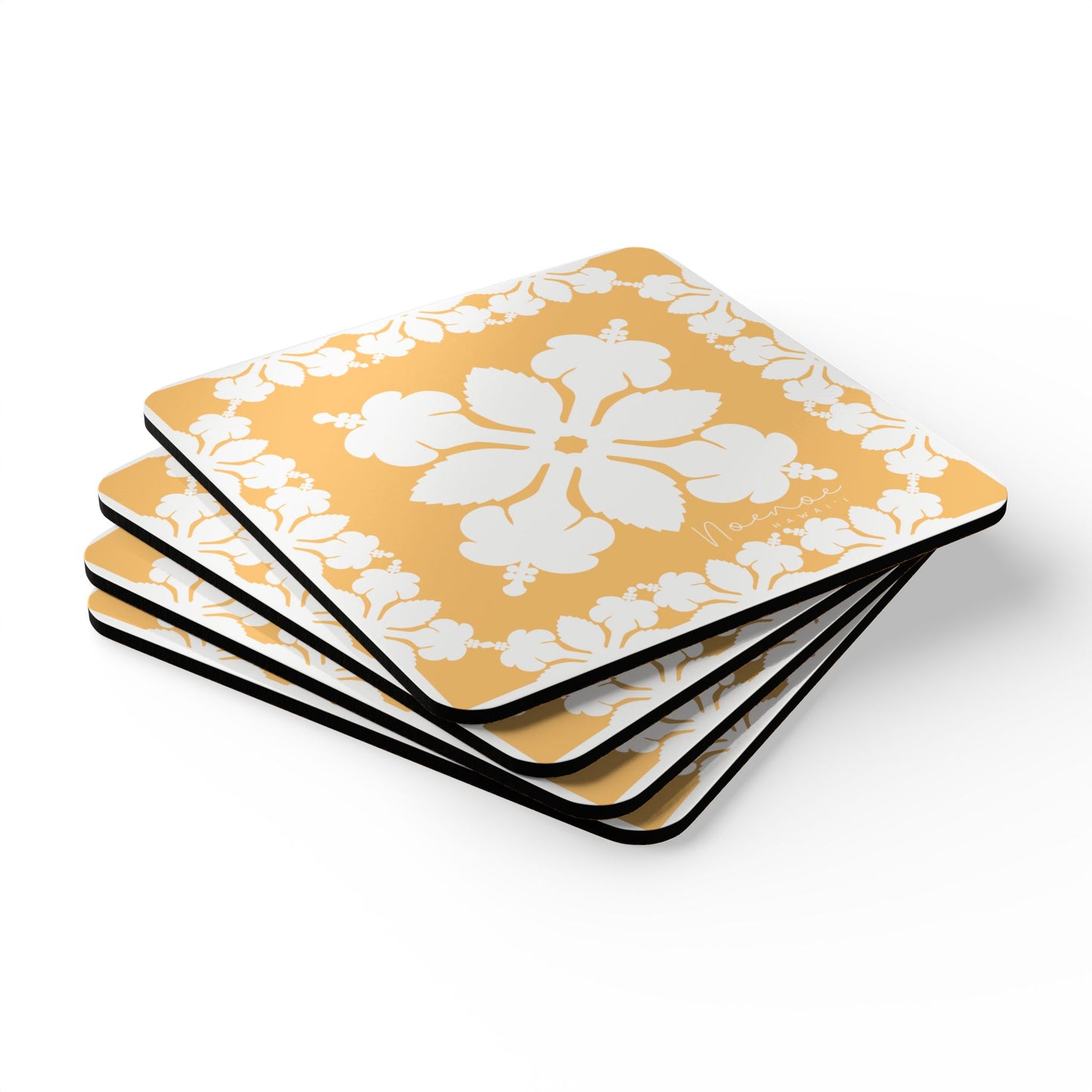 Corkwood Coaster Set, Hawaiian Quilt Hibiscus- Yellow
