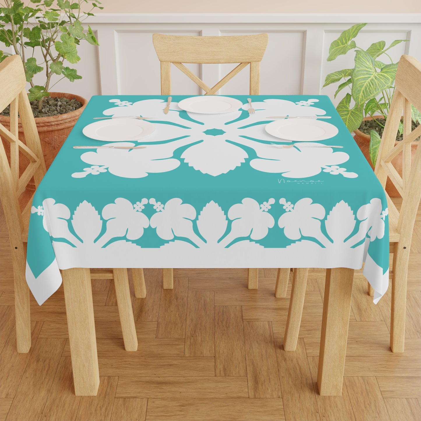 Square Tablecloth- Hawaiian Quilt Hibiscus Teal