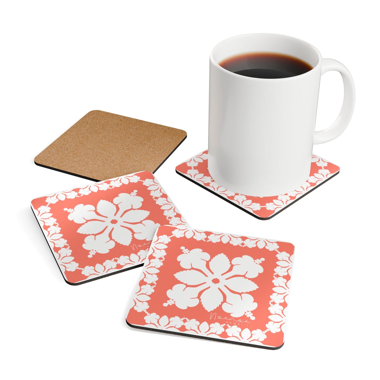Corkwood Coaster Set, Hawaiian Quilt Hibiscus- Orange
