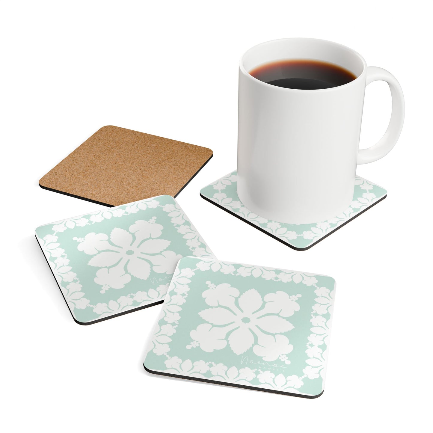 Corkwood Coaster Set, Hawaiian Quilt Hibiscus- Mint