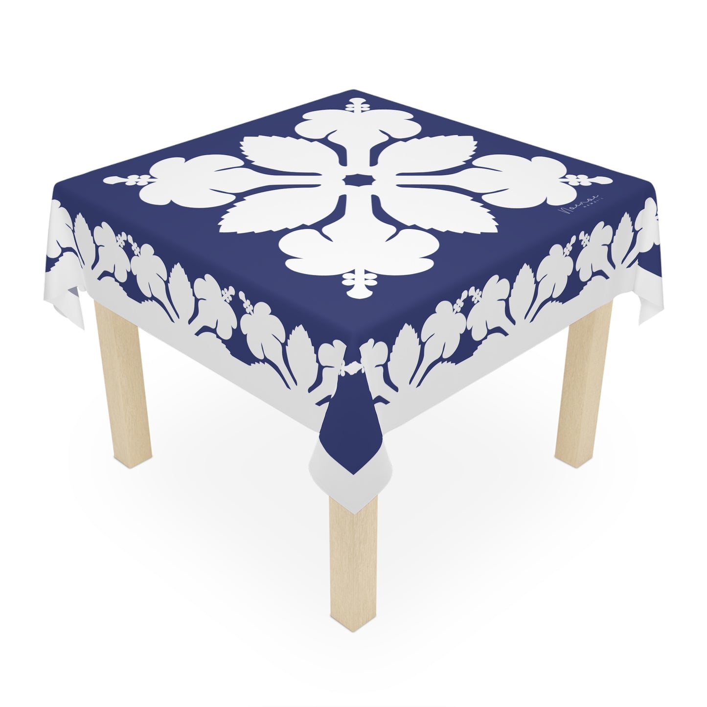 Square Tablecloth- Hawaiian Quilt Hibiscus Dark Blue