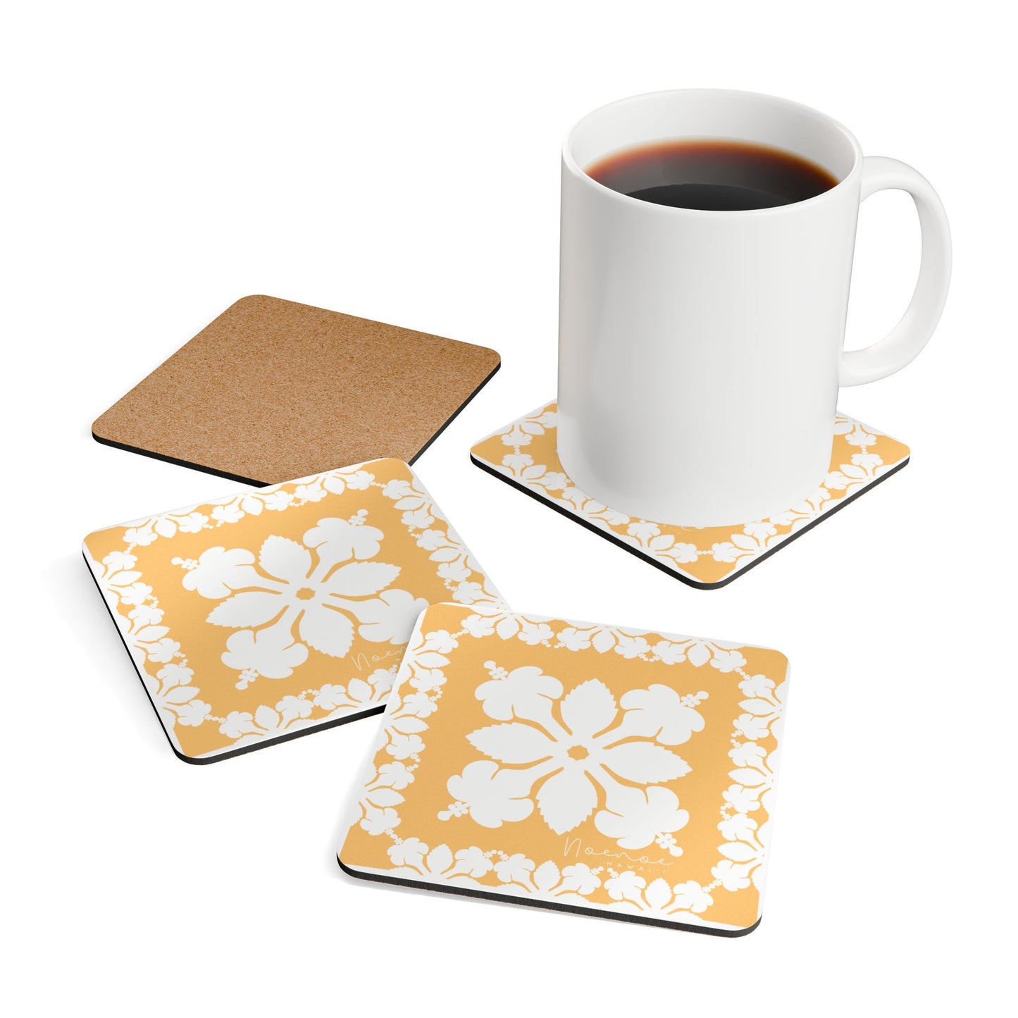Corkwood Coaster Set, Hawaiian Quilt Hibiscus- Yellow