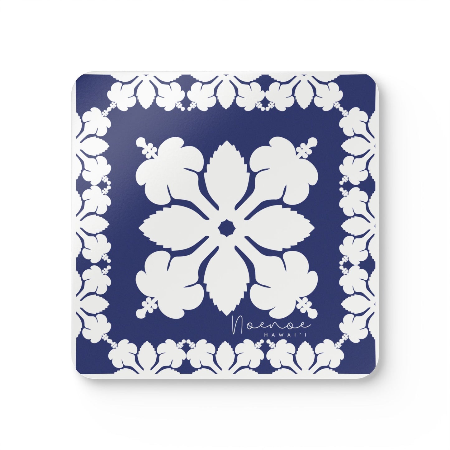 Corkwood Coaster Set, Hawaiian Quilt Hibiscus- Dark Blue