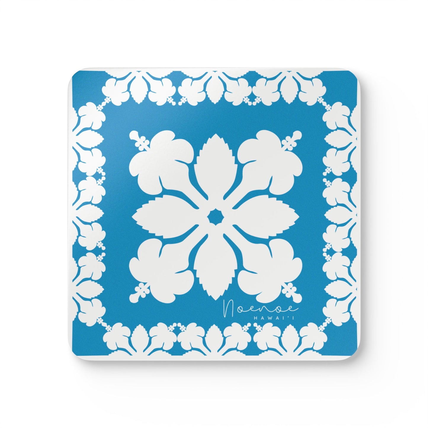 Corkwood Coaster Set, Hawaiian Quilt Hibiscus- Blue