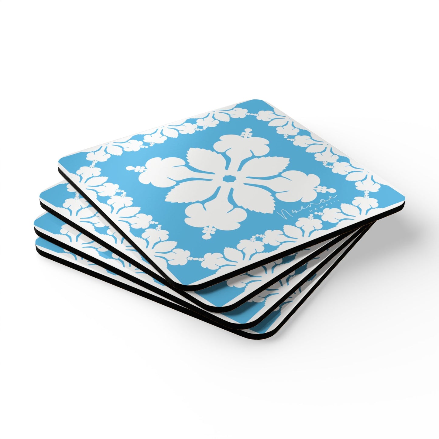 Corkwood Coaster Set, Hawaiian Quilt Hibiscus- Bright Blue