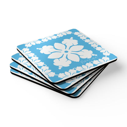 Corkwood Coaster Set, Hawaiian Quilt Hibiscus- Bright Blue