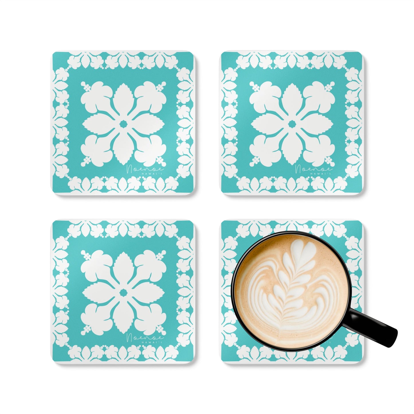 Corkwood Coaster Set, Hawaiian Quilt Hibiscus- Teal