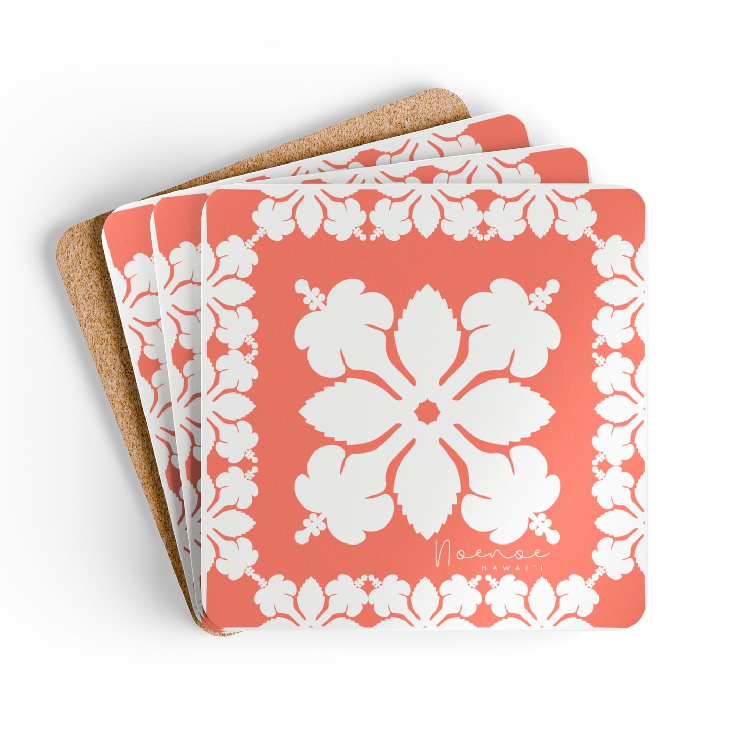 Corkwood Coaster Set, Hawaiian Quilt Hibiscus- Orange