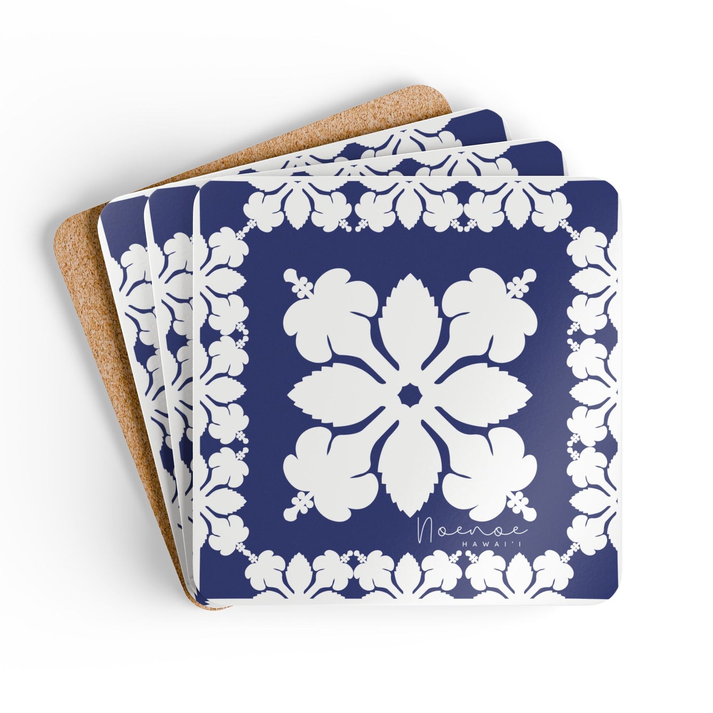 Corkwood Coaster Set, Hawaiian Quilt Hibiscus- Dark Blue